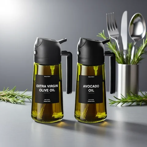 Oil Olive Sprayer 470 ML Oil Sprayer for Cooking, 2-in-1 Olive Oil Dispenser and Oil Bottle with Stickers, Thick Glass Spray Bottle