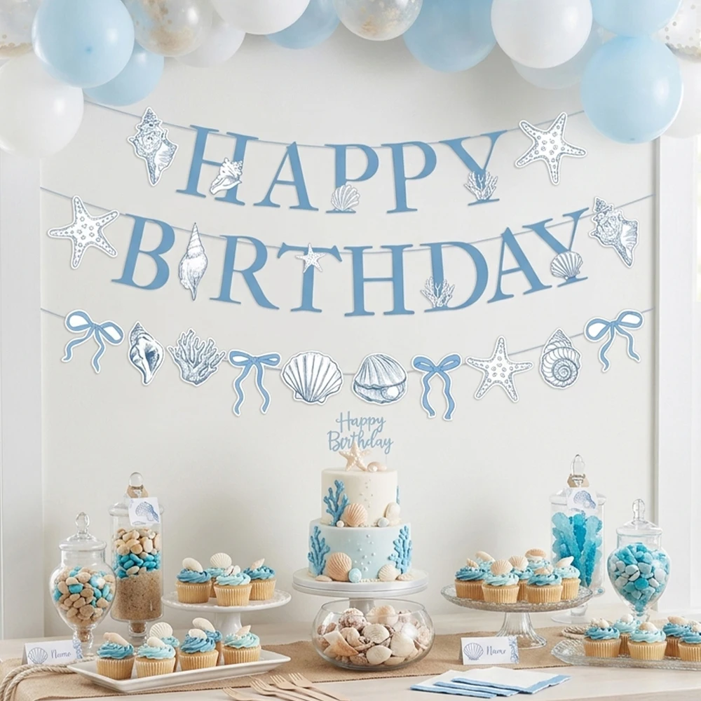 Blaue Schleife Seestern Muschel Happy Birthday Banner Girlande Ozean Strand Unterwasser Thema Geburtstag Meerjungfrau Party Dekoration
