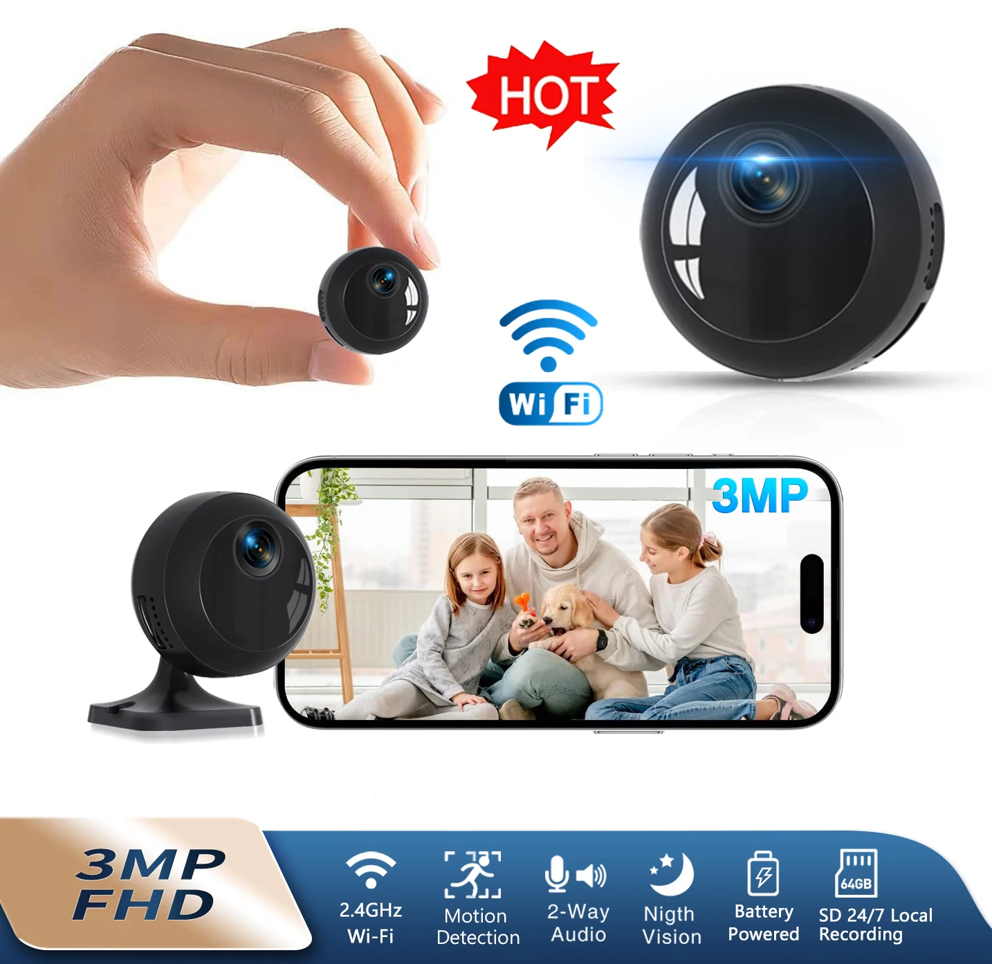 

Мини-камера безопасности Wi-Fi 2,4 ГГц, радионяня ночного видения HD 1080p, камера для домашних животных с мобильным приложением, обнаружение движения