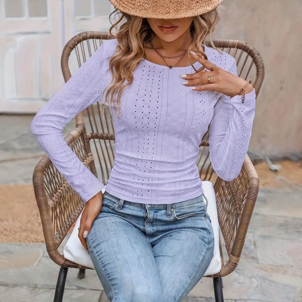 European Style Women Autumn Long Sleeve Tee Elegant Eyelet Embroidery Pleated Slim Fit Casual Office Lady Blouse