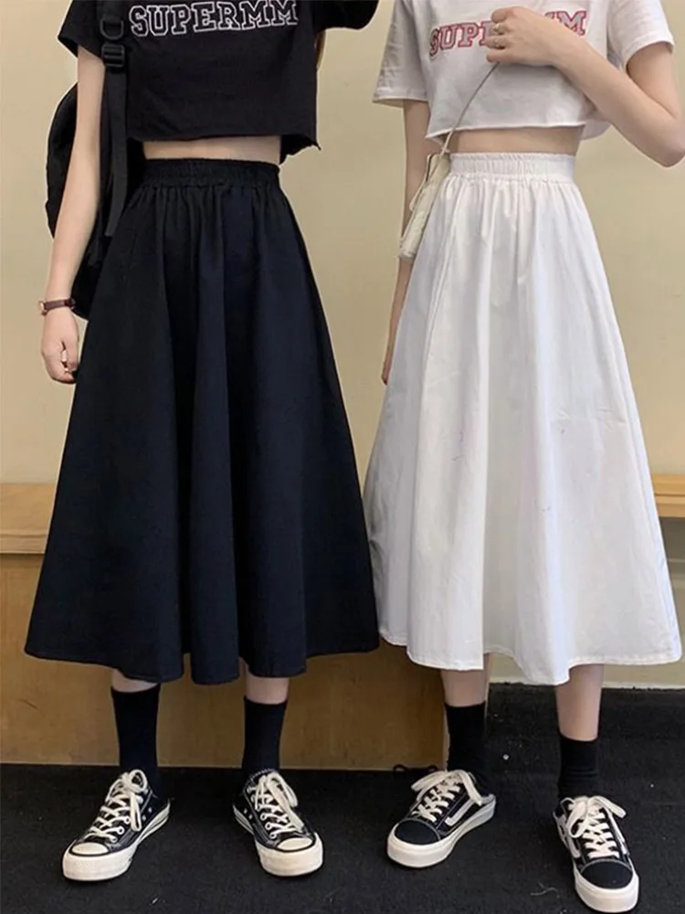 

Skirts Women Simple Solid Leisure Loose 2XL Long Skirt Korean Style Elastic-Weight A-line Student Streetwear Trendy BF