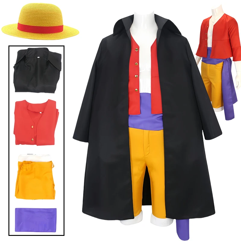 

Anime Luffy Cosplay Costume Luffy Cosplay Uniform Black Cloak Coat Pants Belt Hat Halloween Carnival for Men Comic Con
