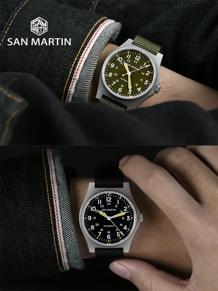 San Martin Pilot Watch 38mm NH35 Retro Military Automatic Mechanical Wristwatch Bead Blasted Case Waterproof 100m Lum SN0137G