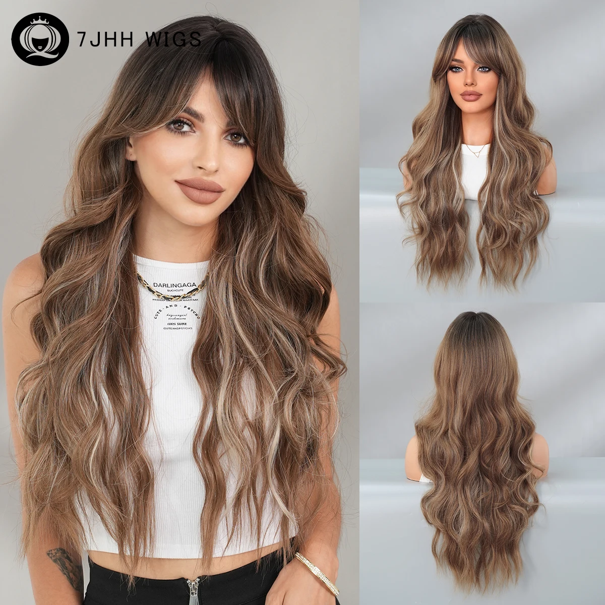 

Длинный объемный волнистый коричневый парик для женщин Используйте скромную модную боковую часть Волнистые парики с темными корнями Высокая плотность Синтетическое волокно Искусственные волосы