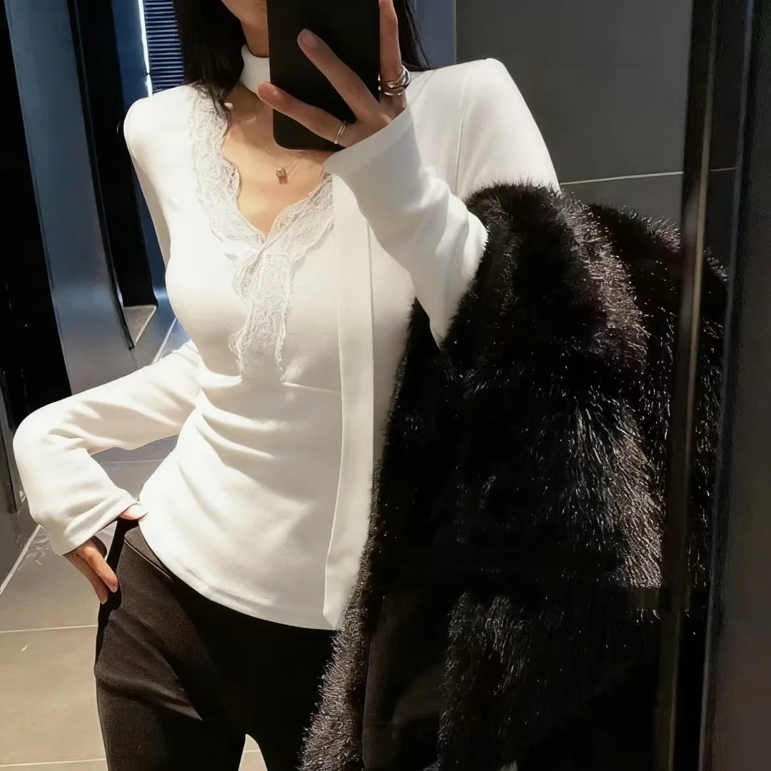 Winter 2025 Women's Slim Fit Long Sve V-Ne Lace Splicing Fce Base irt Warm Thermal Knitwear T-irt Commute Sle