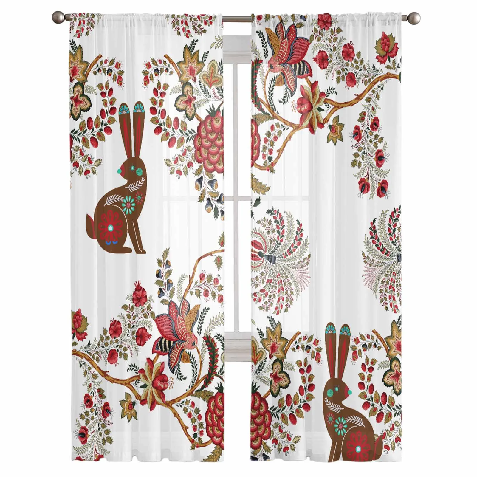 Easter Bunny Floral Boho Voile Curtains for Bedroom Window Tulle Curtain for Living Room Sheer Blinds Drapes