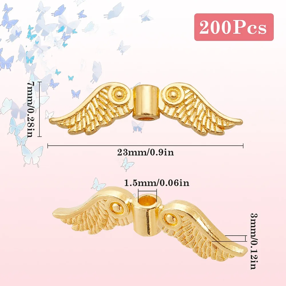 200Pcs Style Alloy Beads Lead Free Cadmium Free Wing Golden 6.5x22.5x3mm Hole: 1.5mm