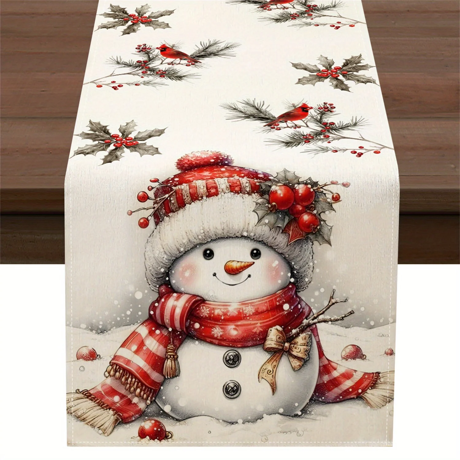 Christmas Table Runner Polka Dot Snowman Berry Pine Twig Holly Leaf Red Bird Design Kitchen Dining Party Decor Seasonal Dining