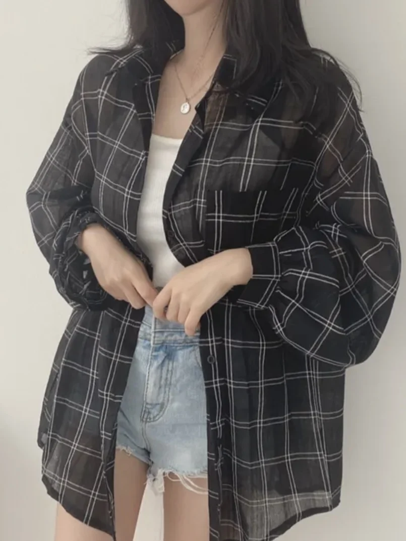 Csa de Proteção Solar Estilo Casual de Verão, Solta e Leve, de Manga Longa, Estampa Xadrez, Moda Fena para Escritório