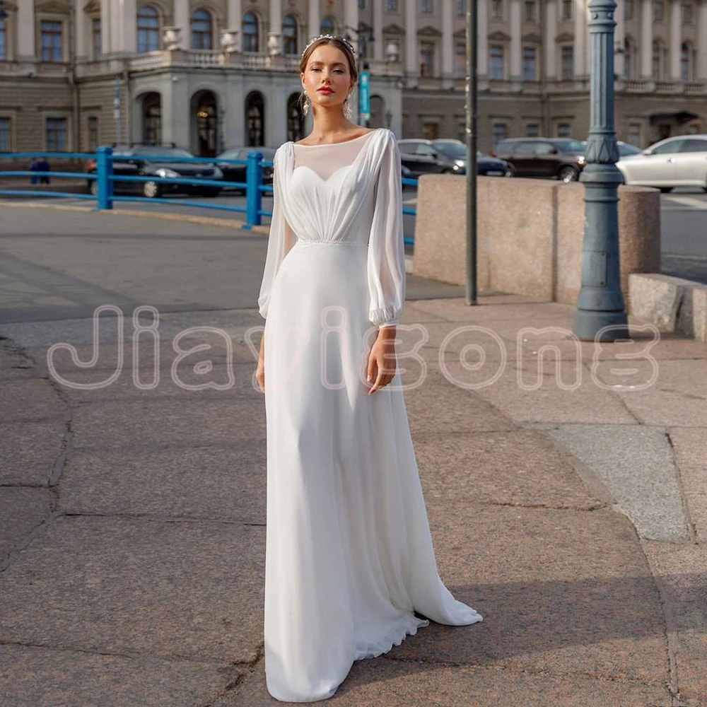 

Jiayigong Summer Beach Wedding Gowns for Bride Long Sleeves Scoop Neck Beading Simple Chiffon Bridal Dress Vestido De Noiva