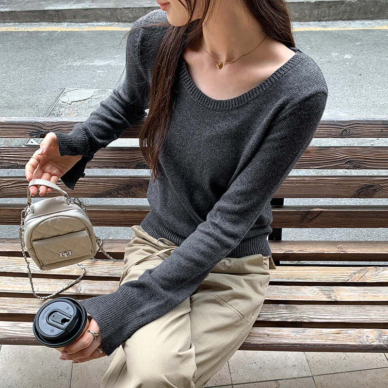 

Grey Sweater Long Sleeve Knitted Sweater Women Autumn Winter 2025 New Buttons Cuff Pullovers Korean Fashion Simple Tops Female