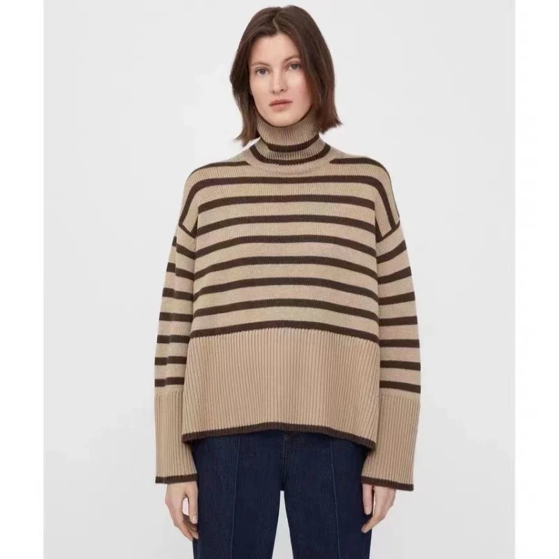 TT @ ANNECY-suéter de lana de cuello alto para mujer, prendas de punto de empalme a rayas clásicas, Top holgado, invierno, nuevo Color