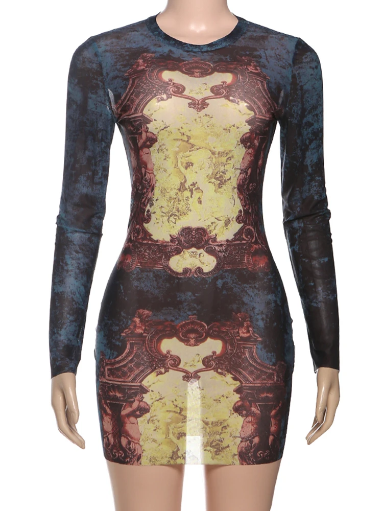 فستان نسائي غريب شفاف من خلال الطباعة برقبة دائرية وأكمام طويلة على شكل خوخ هيب محب للشارع ملابس نوادي ضيقة قابلة للتمدد