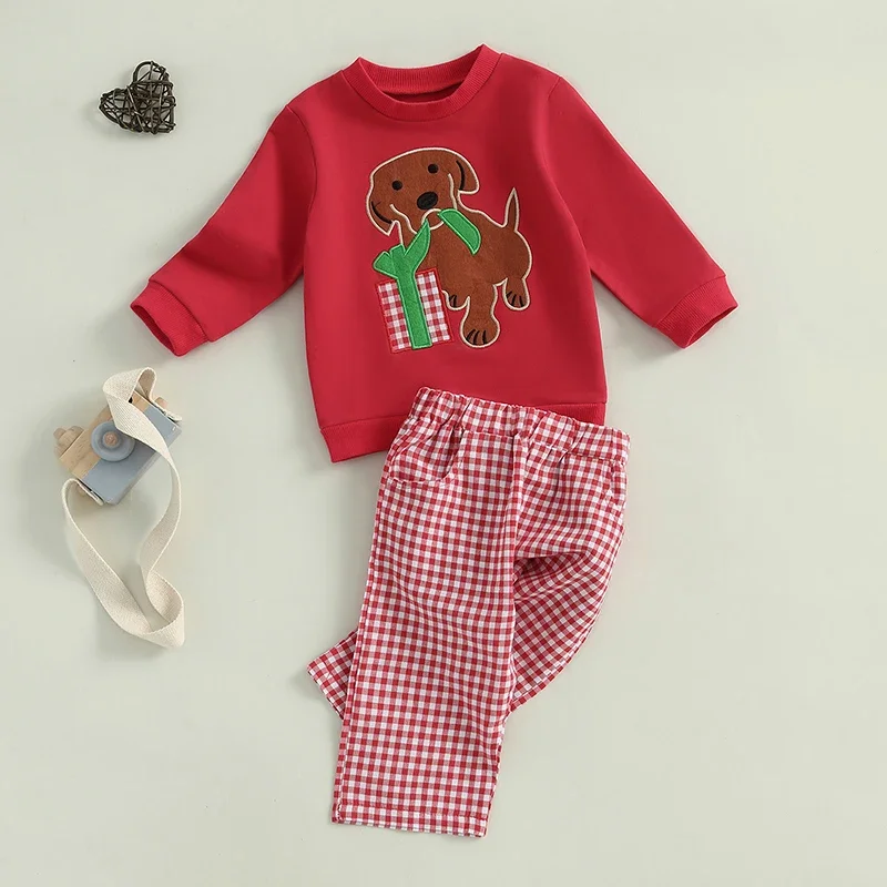 Toddler Baby Fall Outfits Dog Embroidery Long Sleeve Sweatshirt with Plaid Long Pants Fall Clothes