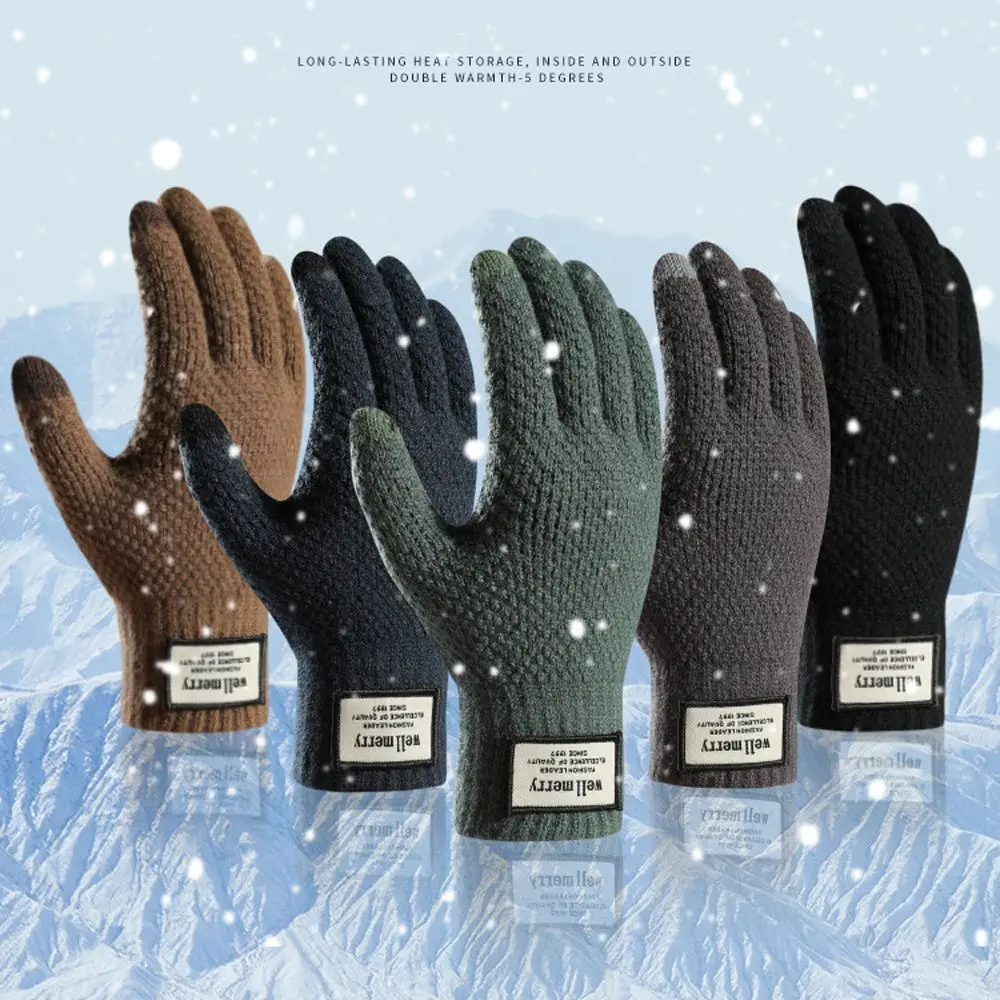 Solid Color Thicken Business High Quality Wool Cashmere Men Gloves Male Mitten Touch Screen