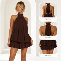 Womens Summer Dresses Halter Tie Mini Dress With Built-in Shorts, Chiffon Elegant A-Line Backless Sundress - Image 6
