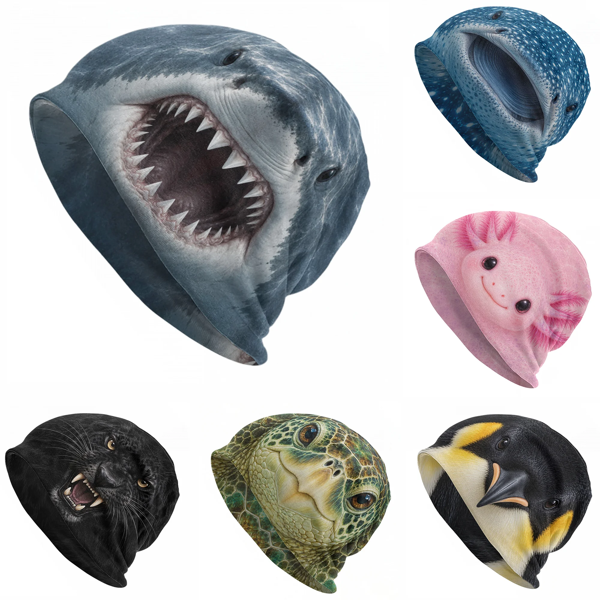 Shark Face Print Beanie Wild Animal Illusion Knit Hat Animals Graphic Winter Cap Funny Novelty Hat for Wildlife Lover Enthusiast