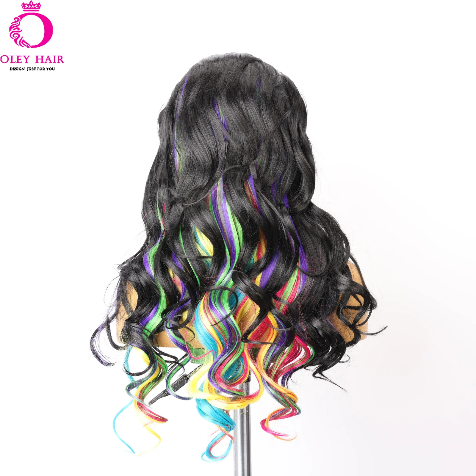 Natural Black Synthetic Lace Front Wig Hair Tail Rainbow Color Long Wave Suitable for Women Cosplay Party Wig Natural Hallline