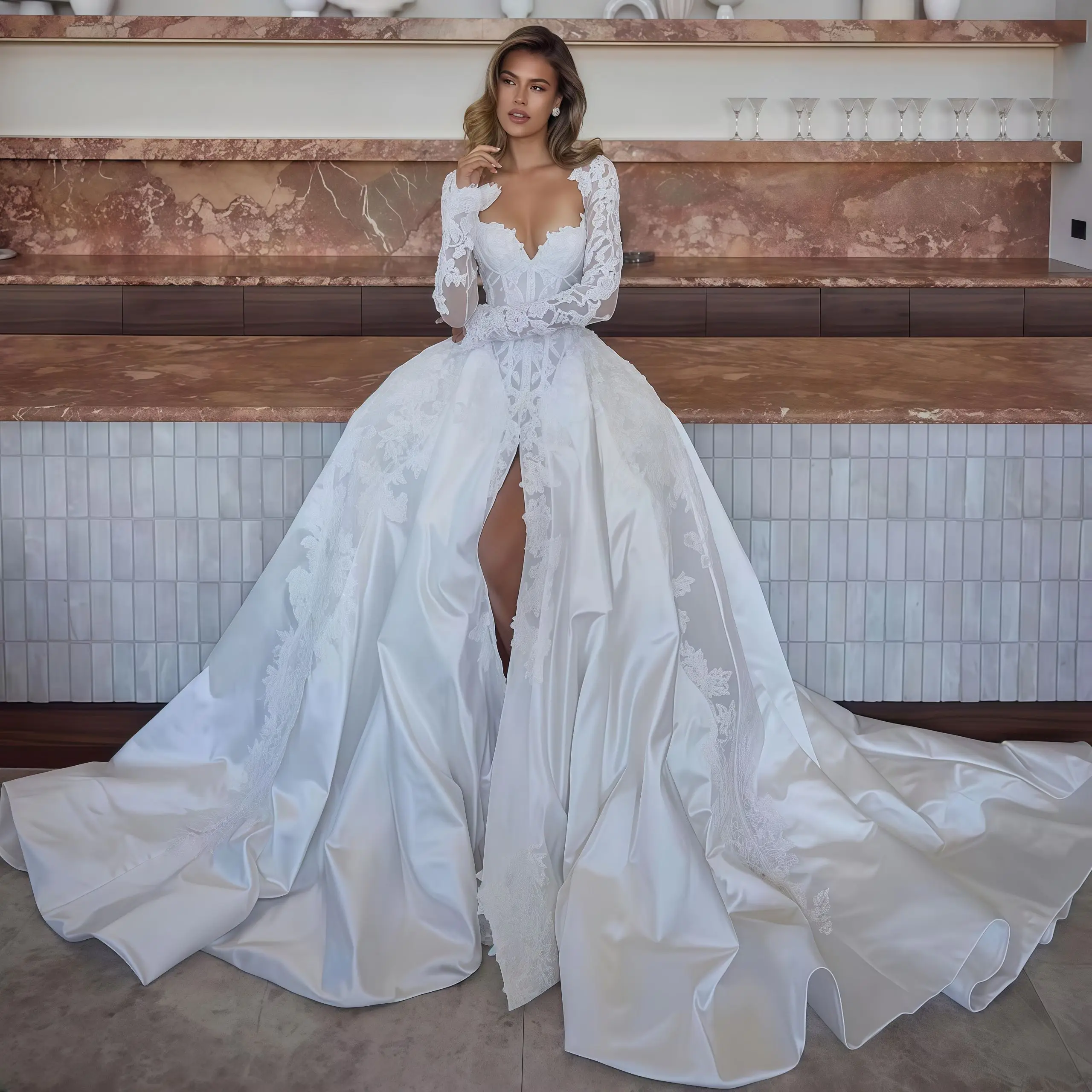Luxury Wedding Dress For Woman  Detachable sleeves A-line Lace Applique Bridal Gown Side Slit Robe De Mariée Customized