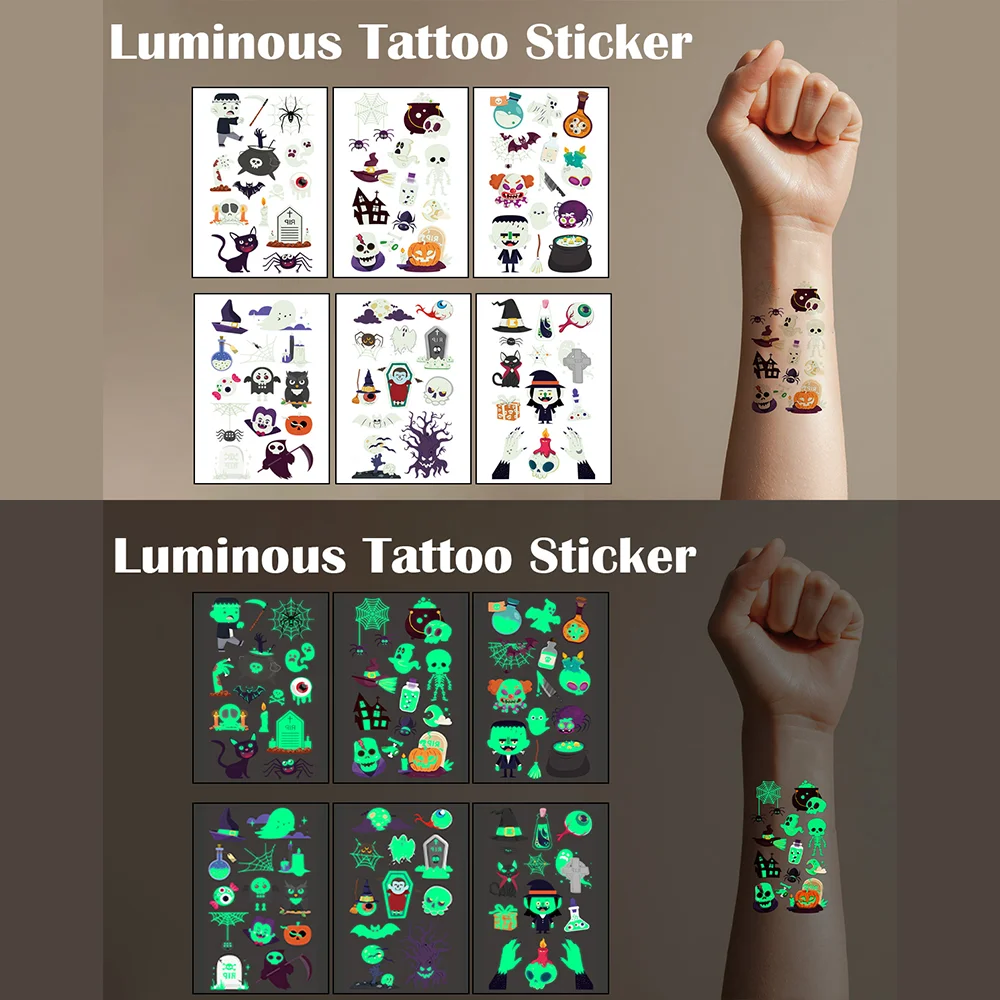 

Светящаяся татуировка на Хэллоуин, ужасы, светящееся лицо, тело, тыква, наклейки, 6 листов, костюм призрака, паутины, вечерние принадлежности