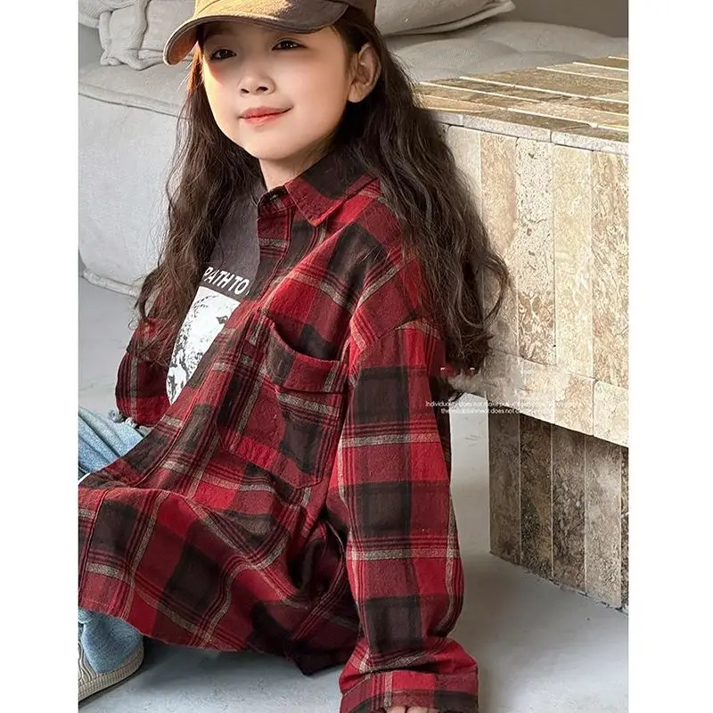 Girls Plaid Shirt Spring Fall Korean 2026 New Kids Stylish Shirt Big Kids Boys Fall Coat