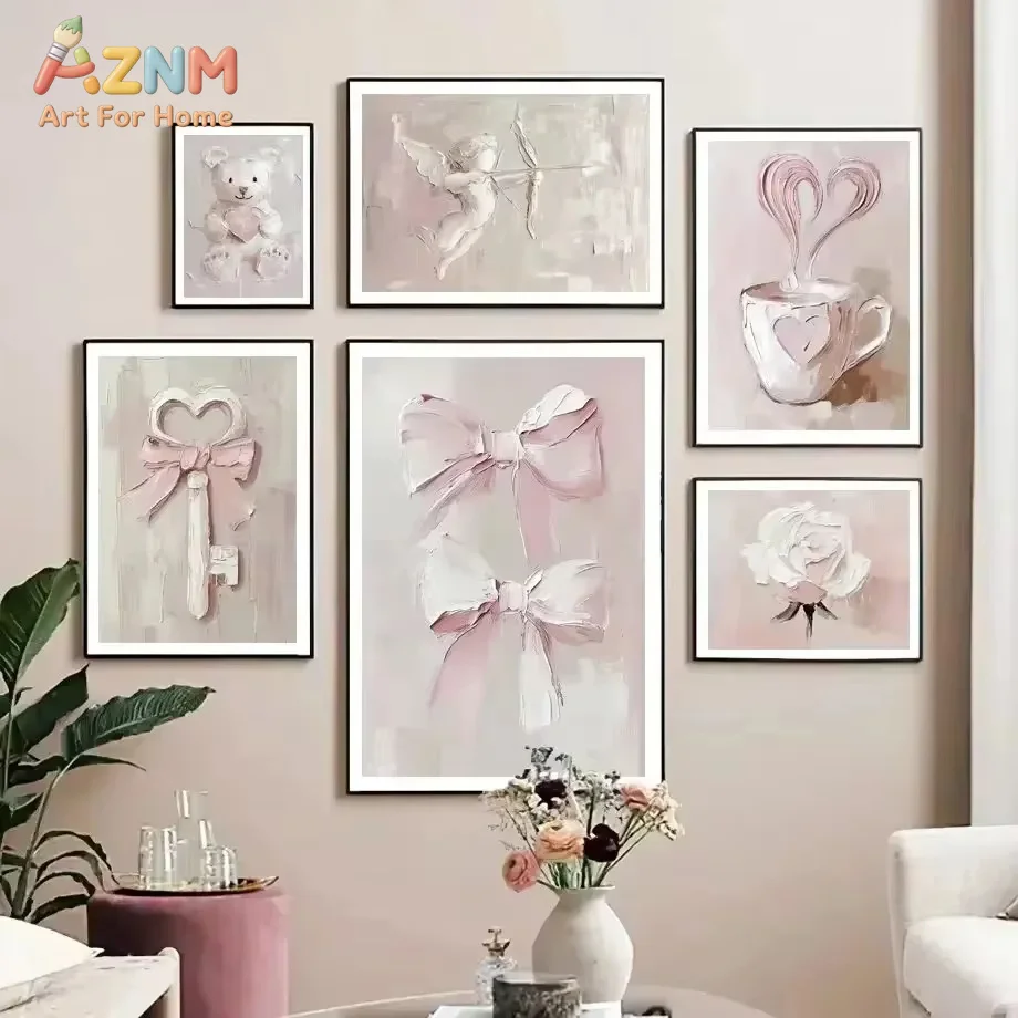 AZNM 1pc Pink Girl Heart Retro Aesthetic Canvas Painting Little Bear Bow Love Butterfly Cupid Poster Home Room Decoration