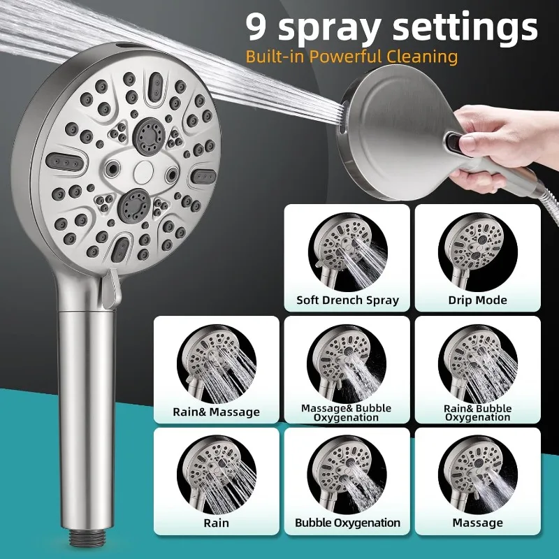 

Handheld Shower Head with Filter, High Pressure 9 Spray Mode Showerhead Built-in Power Wash with Hose,