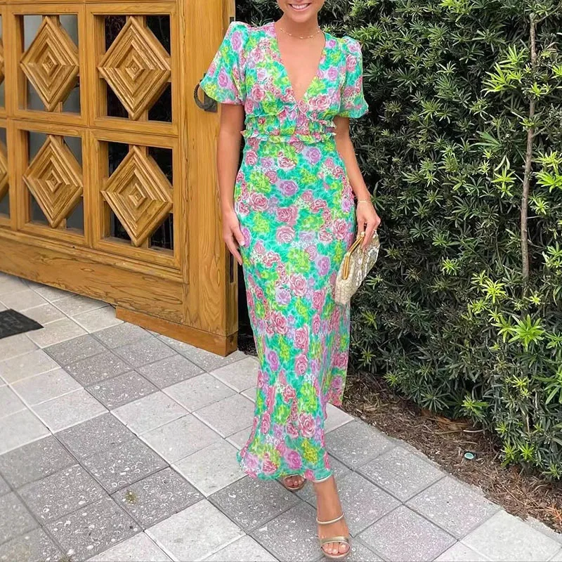 우아한 백리스 할로우 레이스 업 롱 드레스 섹시한 v 넥 하이 웨이스트 보헤미안 드레스 패션 플라워 프린트 퍼프 슬리브 파티 드레스