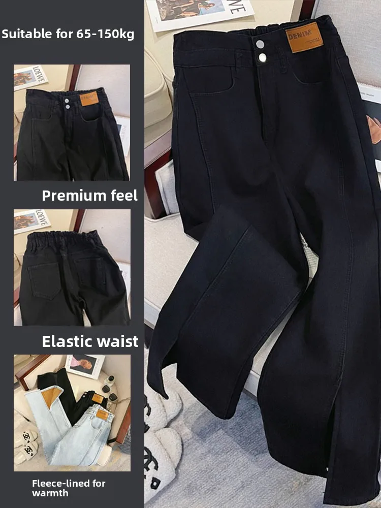 

plus Size Women's Fce Lined Flared Jeans High Waist Slim Fit Long Pants Autumn Winter Bla Bootcut Trousers Pear Bo...