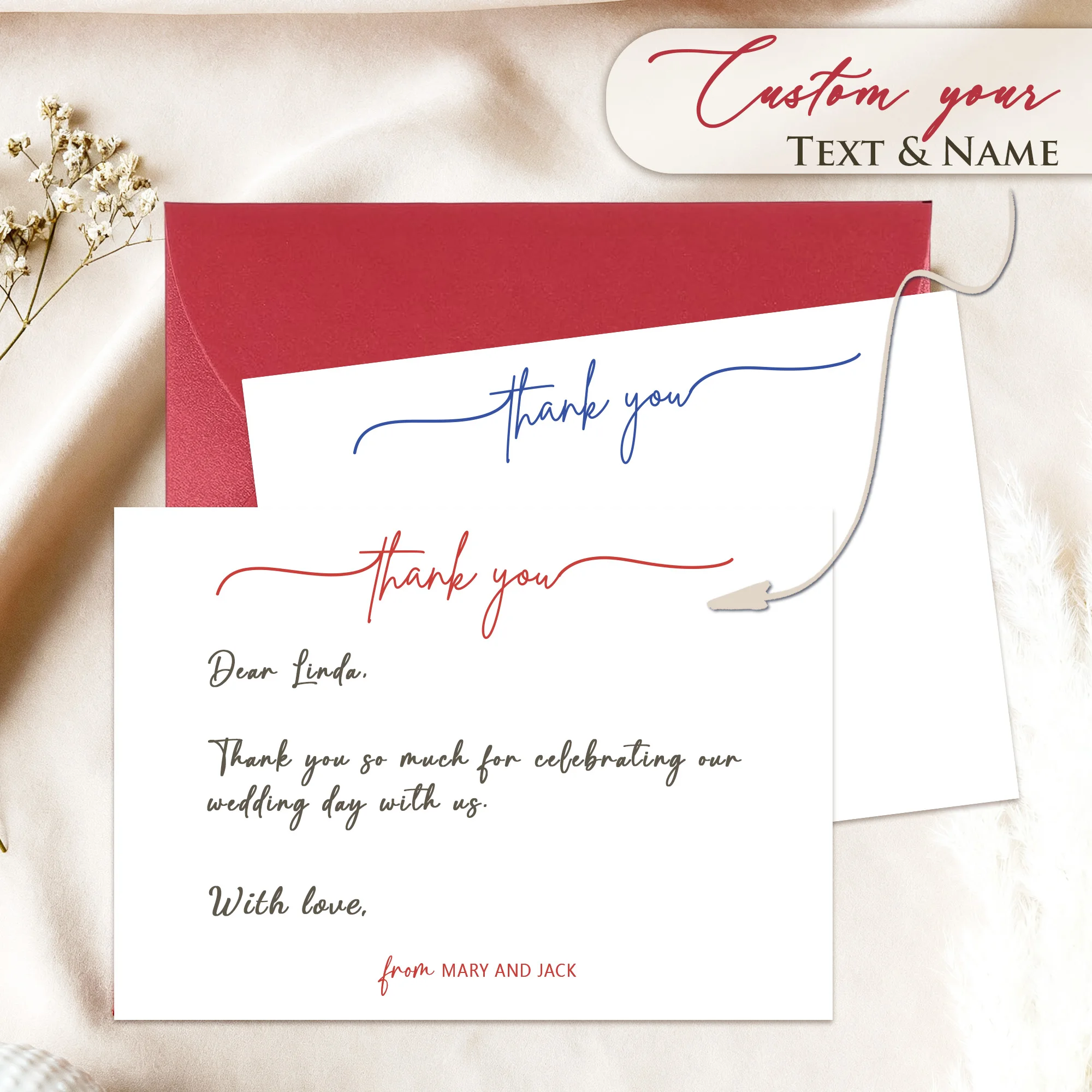 مغلفات مخصصة رسالة شخصية الأزواج شكرا لك بطاقات مع صورة/زفاف شكرا لك بطاقات ملاحظة/مذكرة قرطاسية مسطحة مخصصة