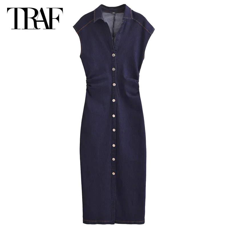 

TRAF Woman Summer Dress 2024 Shirt Long Dresses Ruffled Button-Up Front Sleeveless Dress Casual Women's Dresses Holiday Dresses