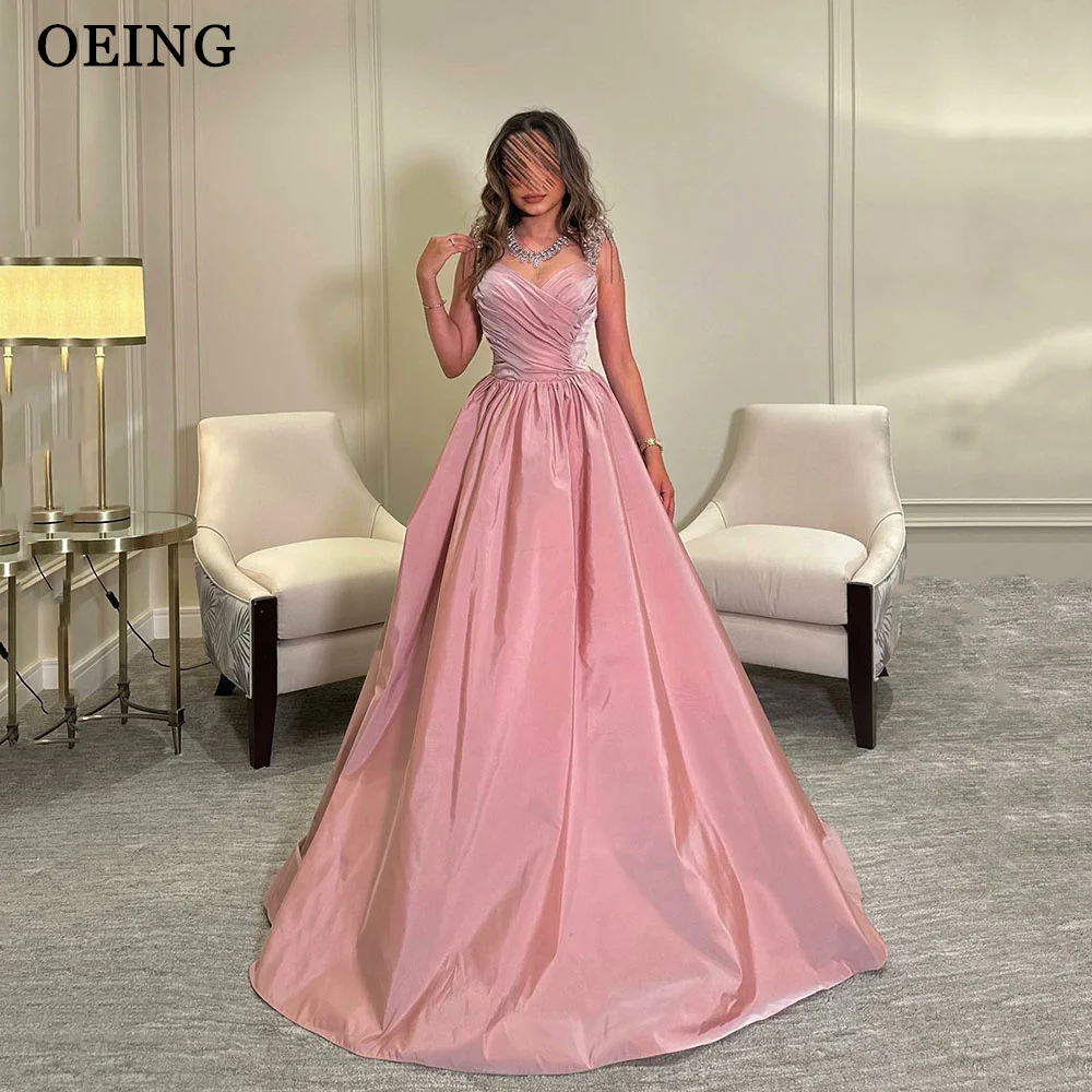 OEING Glitter Pink Satin Evening Dresses Saudi Arabic Ladies Suspender Pleated A Line Prom Dress Formal Occasion Party Gowns