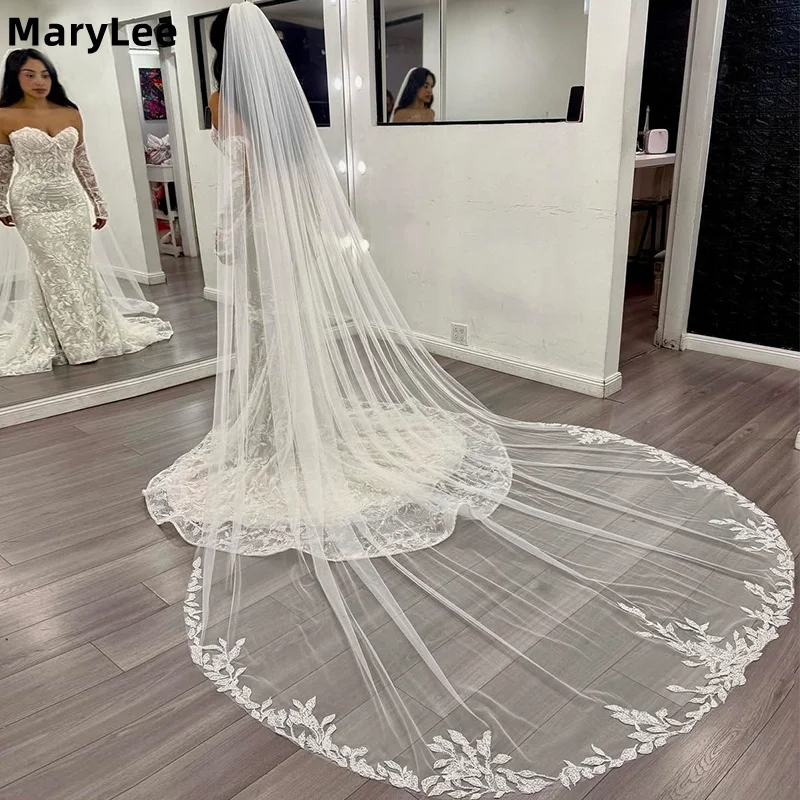 

Leaf-Edge Cathedral Tulle Wedding Veil 1 Layer 3M Long Church Bridal Veils with Comb Voile Mariee Bride Accessories Customized