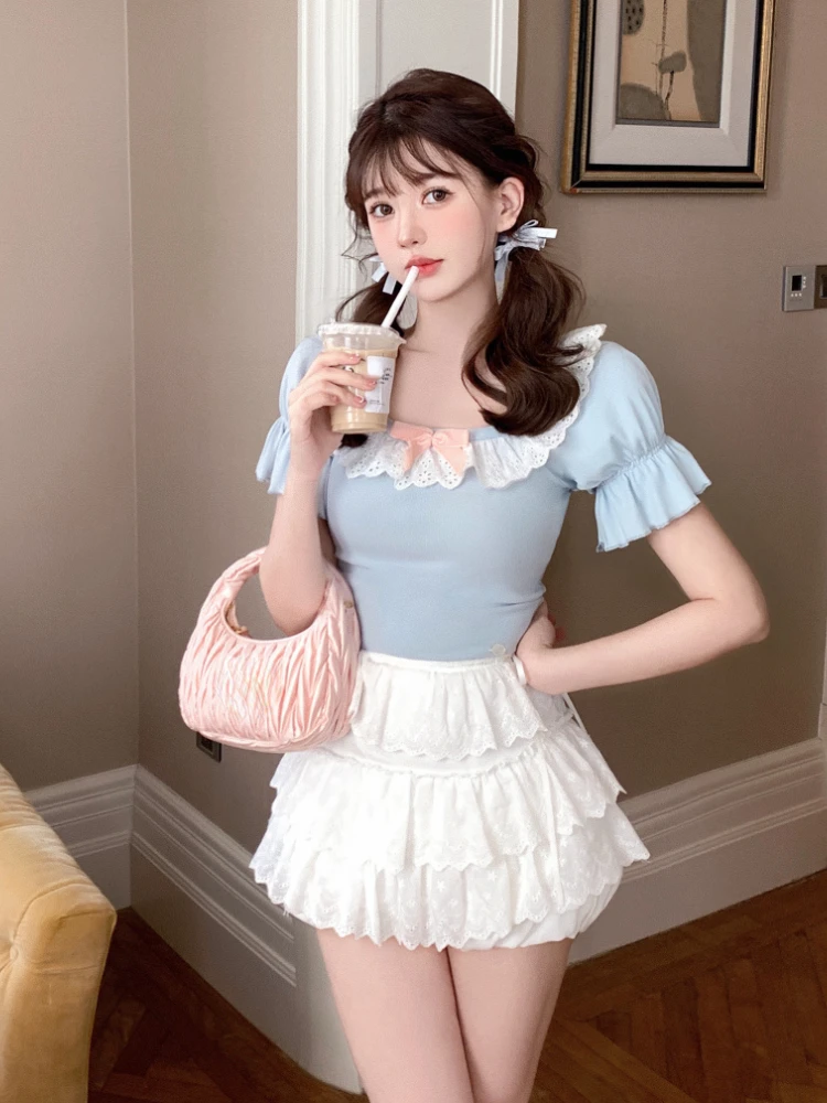 Summer Lace Slim Lolita Kawaii T-Shirts Women Blue White Japanese Sweet Cute Blouse Female Puff Sleeve Korean Style Clothes 2023