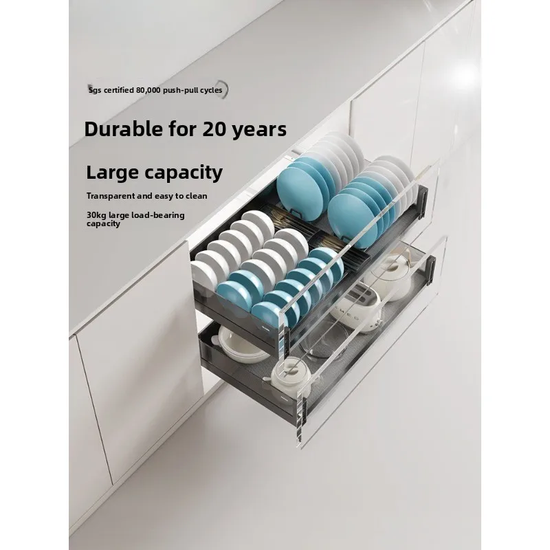 Kitchen Cabinet Aluminum Alloy Drawer Damping, Pull Basket Tempered Glass Single Double Layer Dishes Seasoning Basket