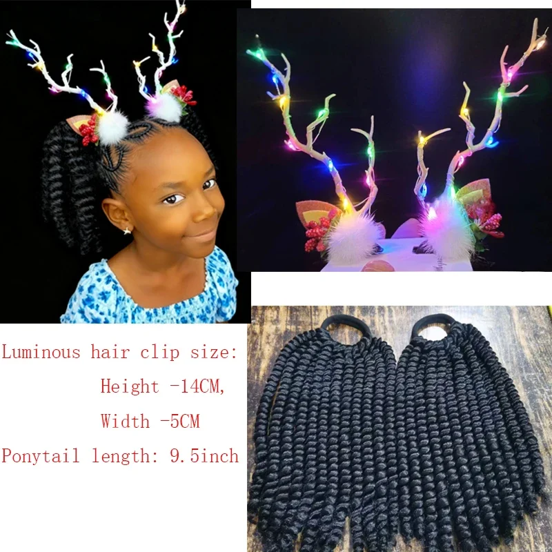 مجموعة تصفيفة الشعر للأطفال - وصلة ذيل حصان جديلة للأطفال مع دبابيس شعر مرنة + إضاءة LED لتزيين قرن الوعل - تصفيف شعر احتفالي #5