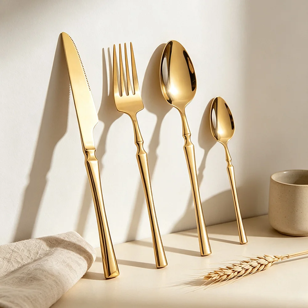 4Pcs Western Cutlery Set Stainless Steel Flatware Western Knife Fork Spoon Golden Cutlery Kitchen Tableware Set Supplies