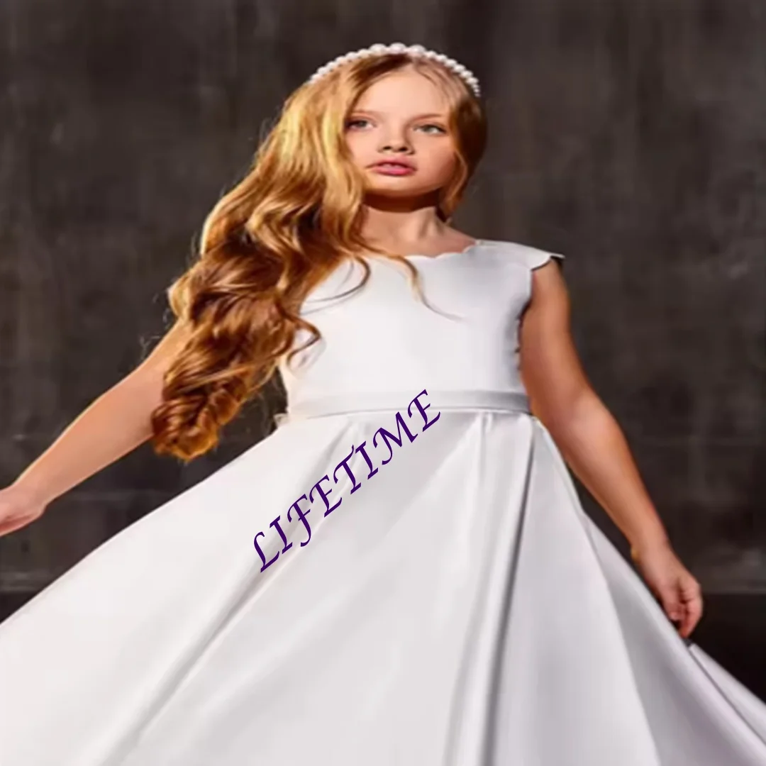 Vestido largo personalizado de satén para boda, cumpleaños, comunión, vestidos de fiesta de boda para niños, vestidos sencillos de flores con lazo para niña B