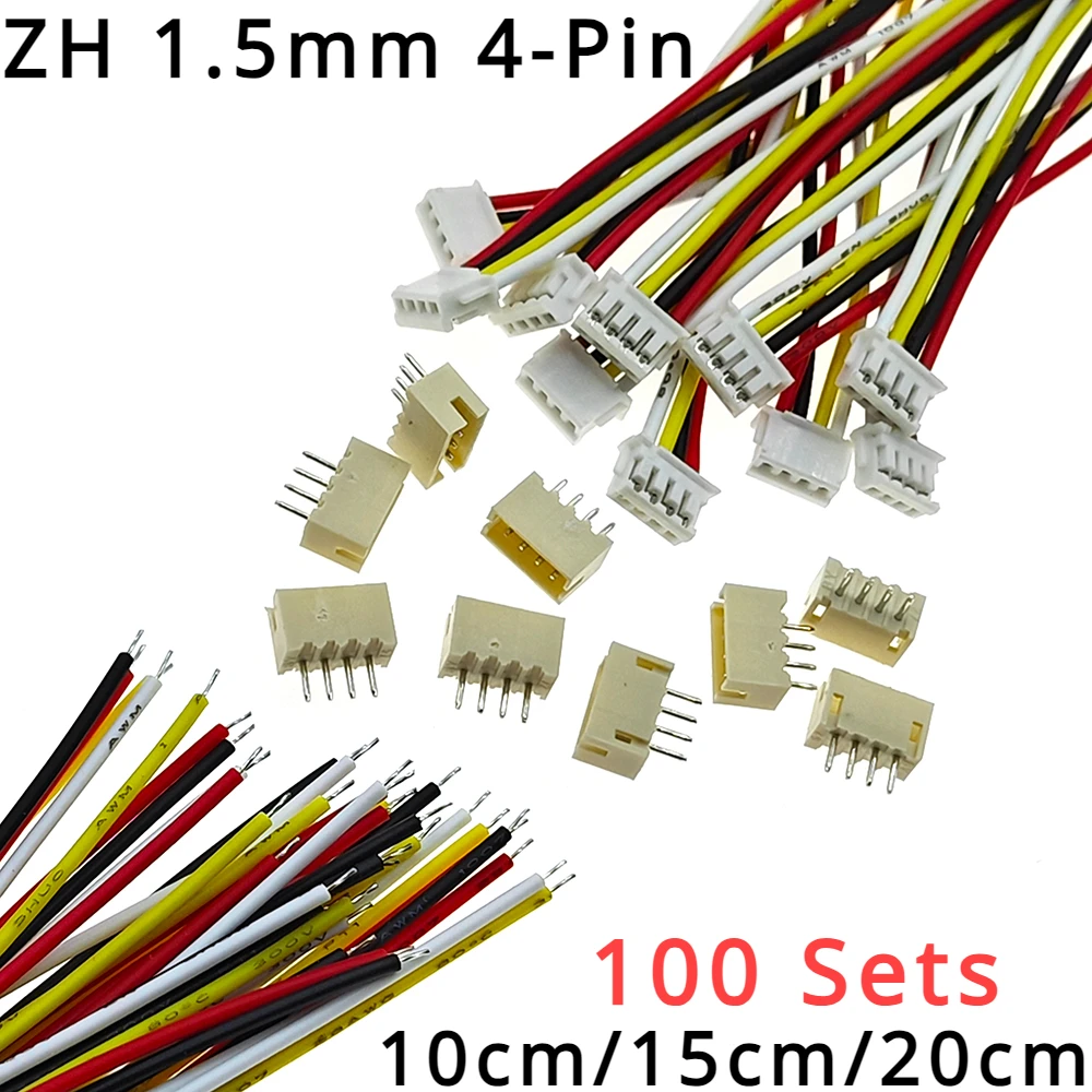 100 Sets JST ZH 1.5mm 4-Pin Female Connector Plug with Wire and Male Connector 10cm/15cm/20cm