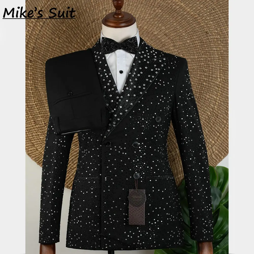 Black Wedding Suit Groom Wear Luxury Gem Crystal Man's Suits Formal Tuxedo Two Pieces Set Blazer And Pants Traje De Novio