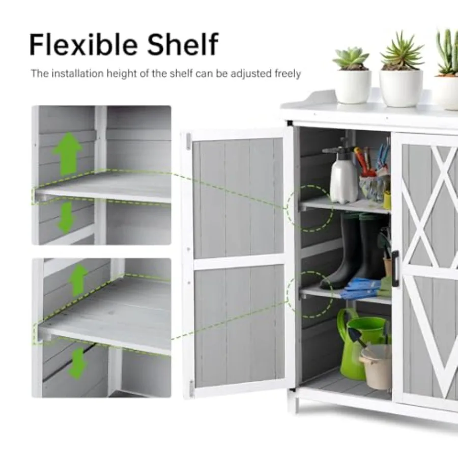 Outdoor Cabinet with Metal Tabletop Garden Potting Bench Table, Outdoor Garden Patio Wooden Storage Cabinet with Adjustable She
