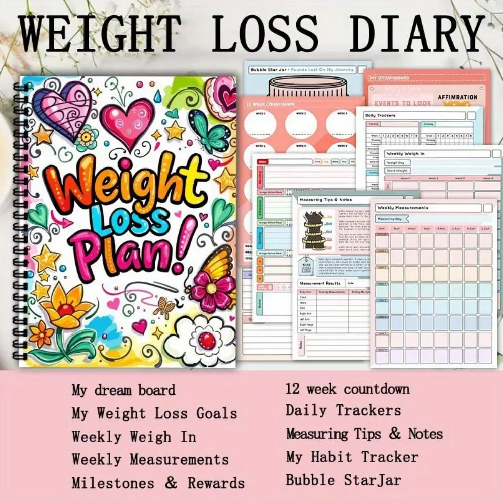 Fitness-Tracker, Gewichtsverlust-Planbuch, 104 Seiten, Wellness-Planer, Monatsplaner, Zieleinstellung, 12 Wochen, Diät, Mahlzeit, Notizblock, Diät