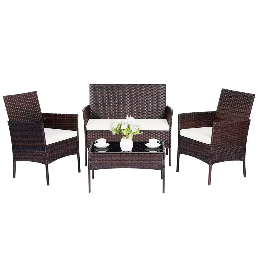 Furniture Set 4 Pieces, Outdoor Rattan Furniture with Tempered Glass Coffee Table, Modern Rattan Patio Chairs Conversation Sets