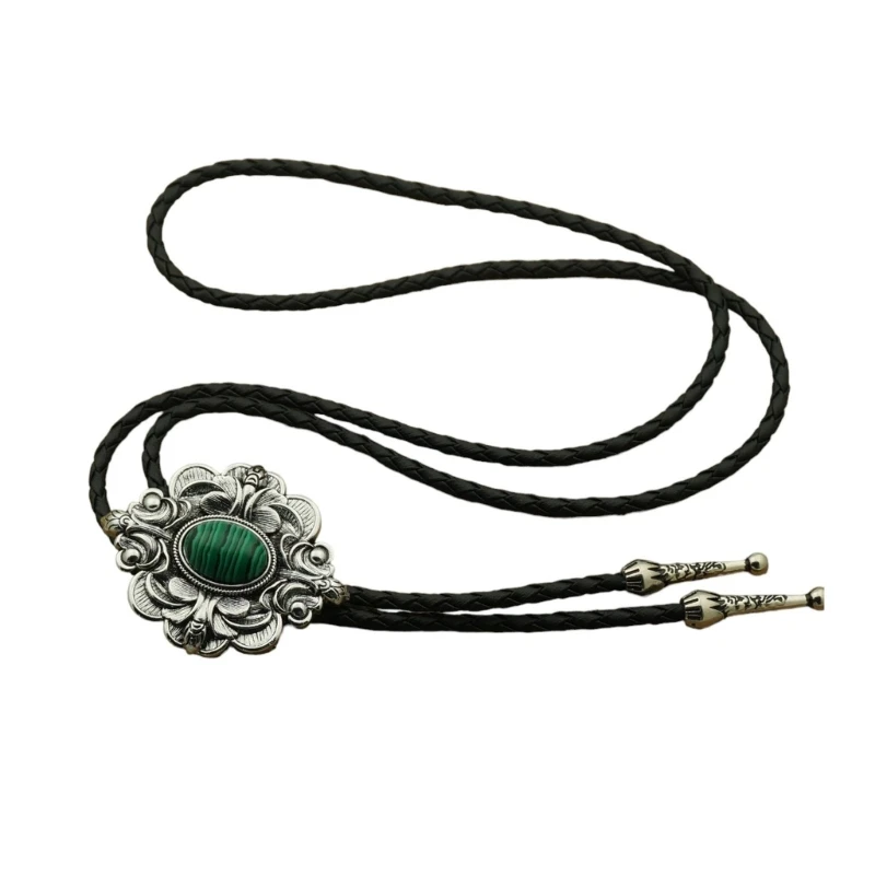 

Bolo Tie Necktie Artificial Leather Braided Rope Necklace with Engraved Stone Pendant Jewelry Cowboy American Neckwear