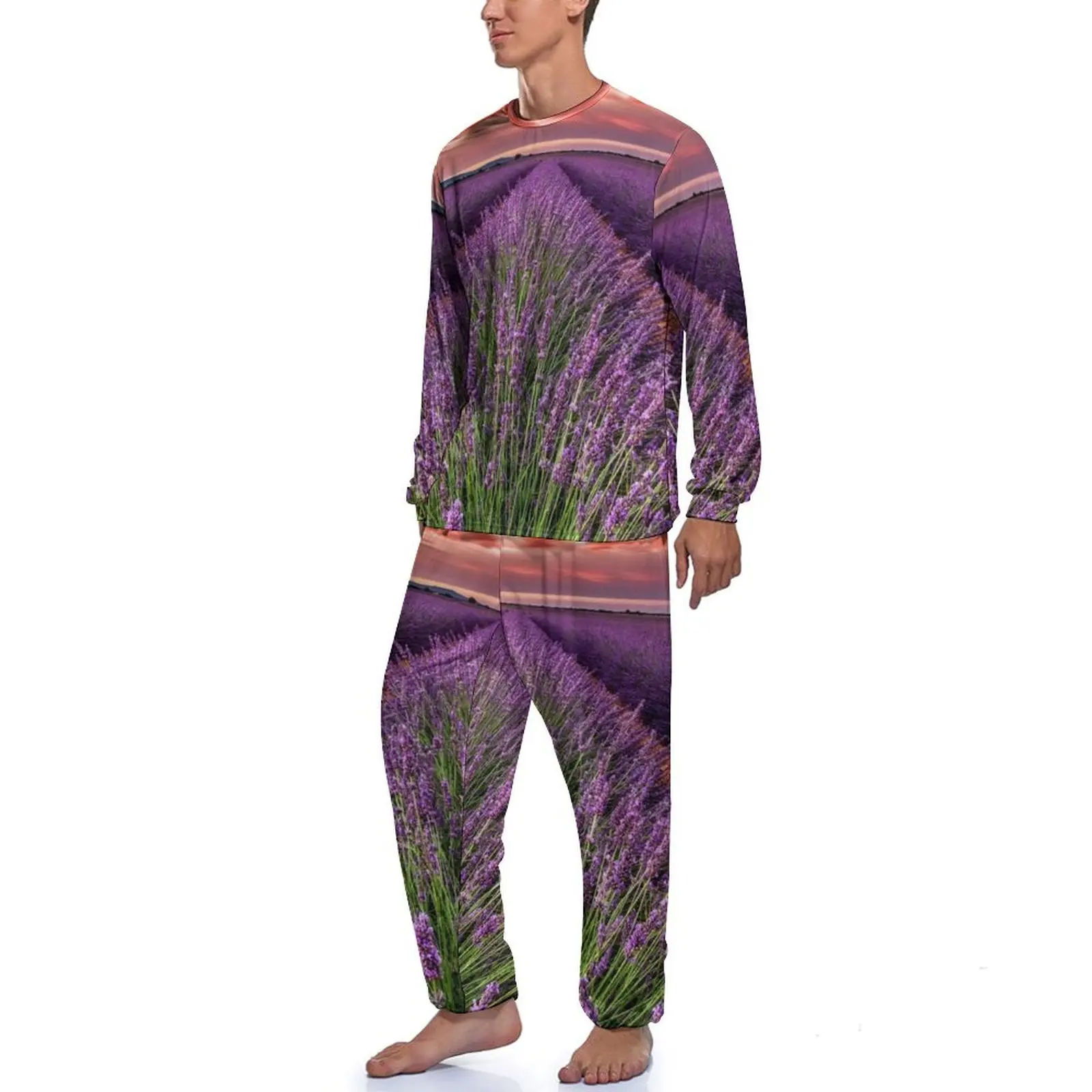 Field of Lavender Pajamas Long Sleeve Sunset Print 2 Pieces Casual Pajama Sets Daily Men Graphic Cute Nightwear