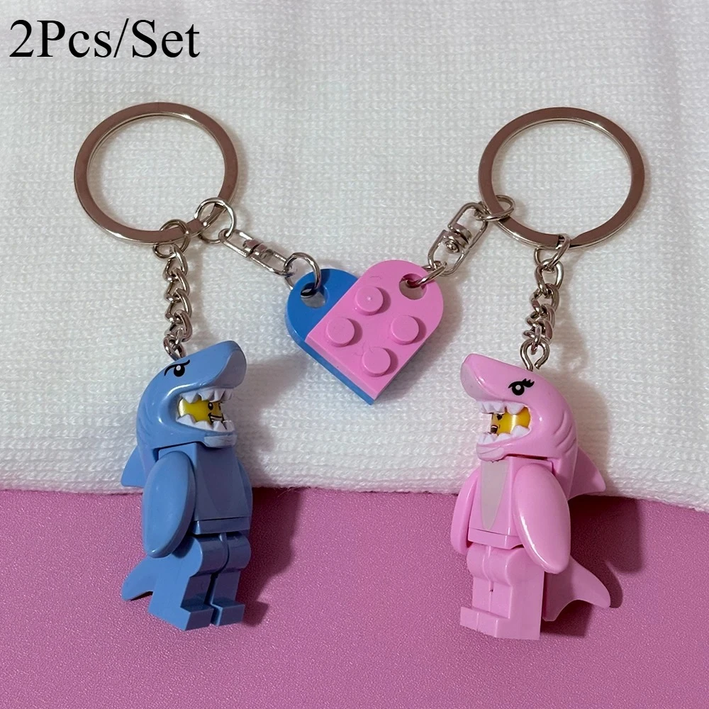 2pcs Cartoon Pink and Blue Shark Couple Keychain Heart-Shaped Building Block Splicing Keyring Backpack Pendant For Friends Gifts