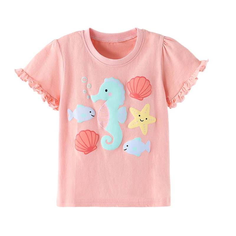 Little Maven Sommer-Neuheiten: Modische Baby-Mädchen-Tops, Kinderkleidung mit Seepferdchen- und Muschelmotiv, Baumwoll-T-Shirt für Kinder von 2-8 Jahren – Detail 2