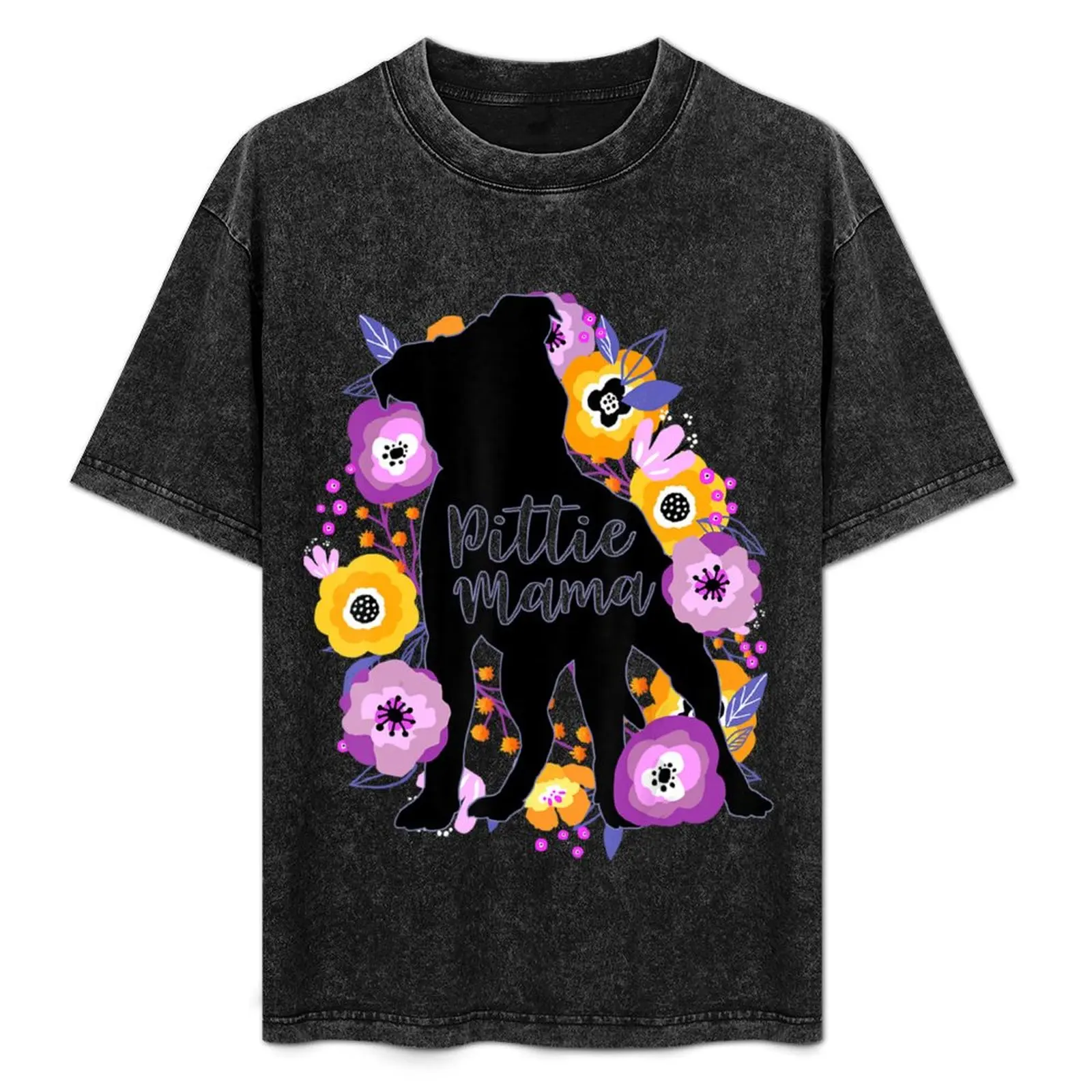 Camiseta para Amantes de Cães Pitbull Mamãe Pitbull com Flores Roxas Camiseta Respirável com Painel de Malha