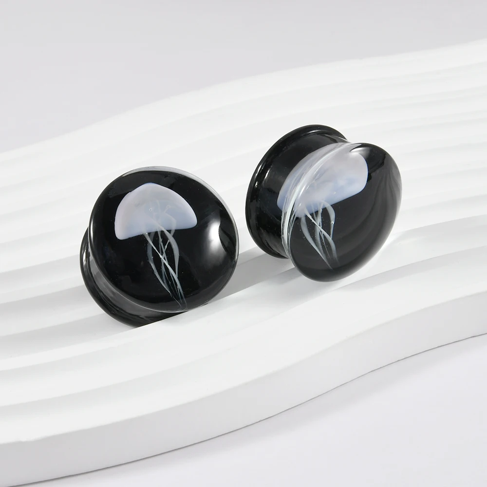Quality Glass Double Flared Ear Gauge Plugs Jellyfish Ear Gauges Various Colors Expanders Weight Body Piercing Jewelry 8mm-25mm