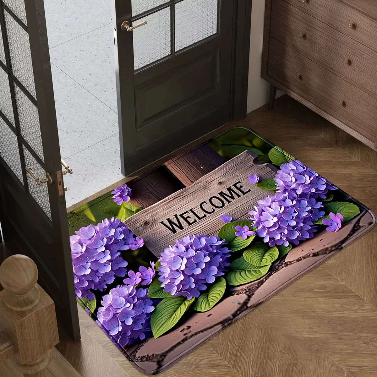 A Purple Hydrangea Welcome Printed Entrance Mat, Forest-Style Retro Non-Slip Mud-Scraping Door Mat